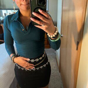 green long sleeve button-up crop top